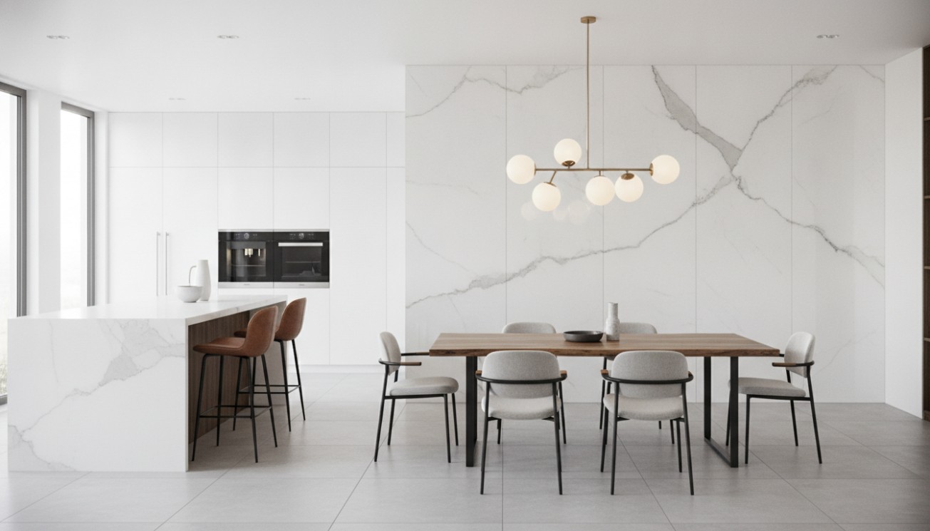 UV marble wall panels used as a large-format decorative feature wall in a modern kitchen and dining area.